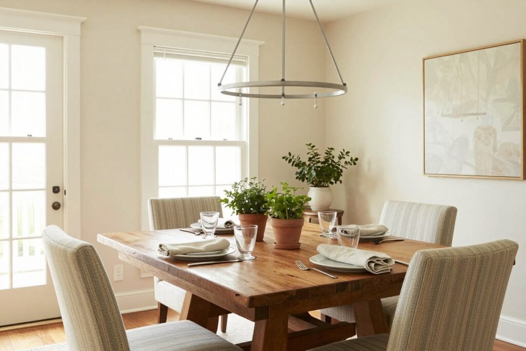 Nancy Meyers dining room from It's Complicated showing rustic elements mixed with refined details