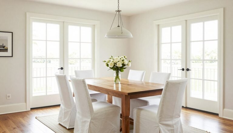 Nancy Meyers dining room from Something's Gotta Give featuring a large wooden table, white slipcovered chairs, and natural light