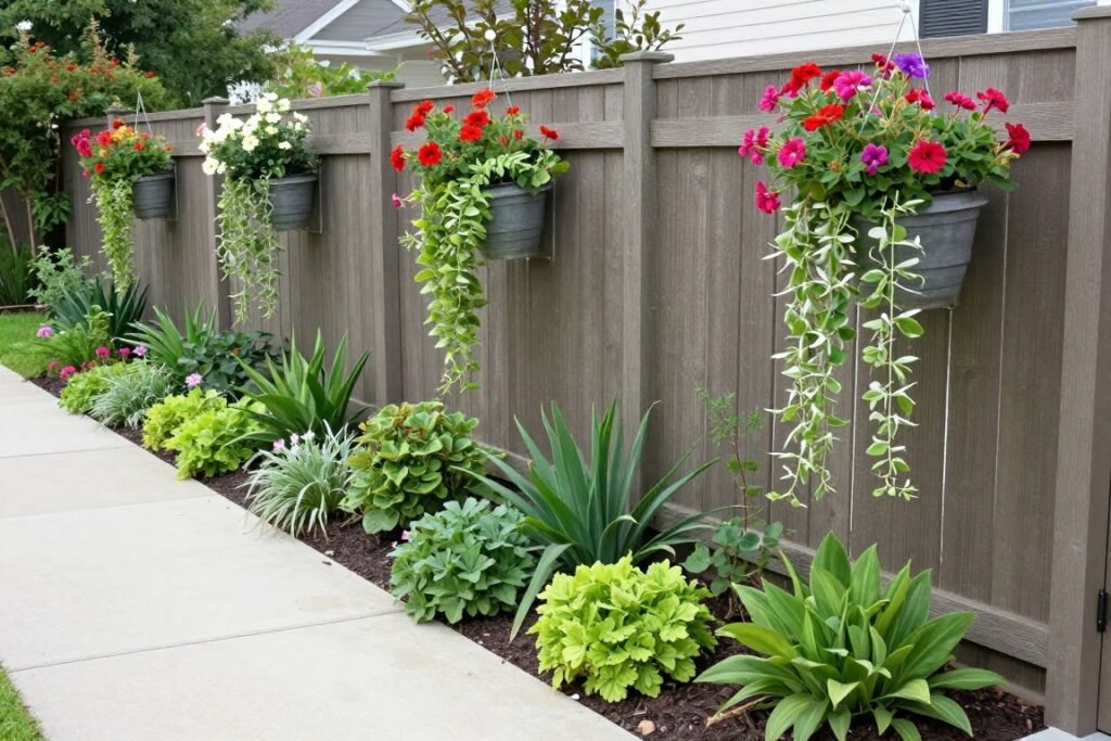 Narrow fence line garden with vertical planters, hanging baskets, and compact plants maximizing limited space