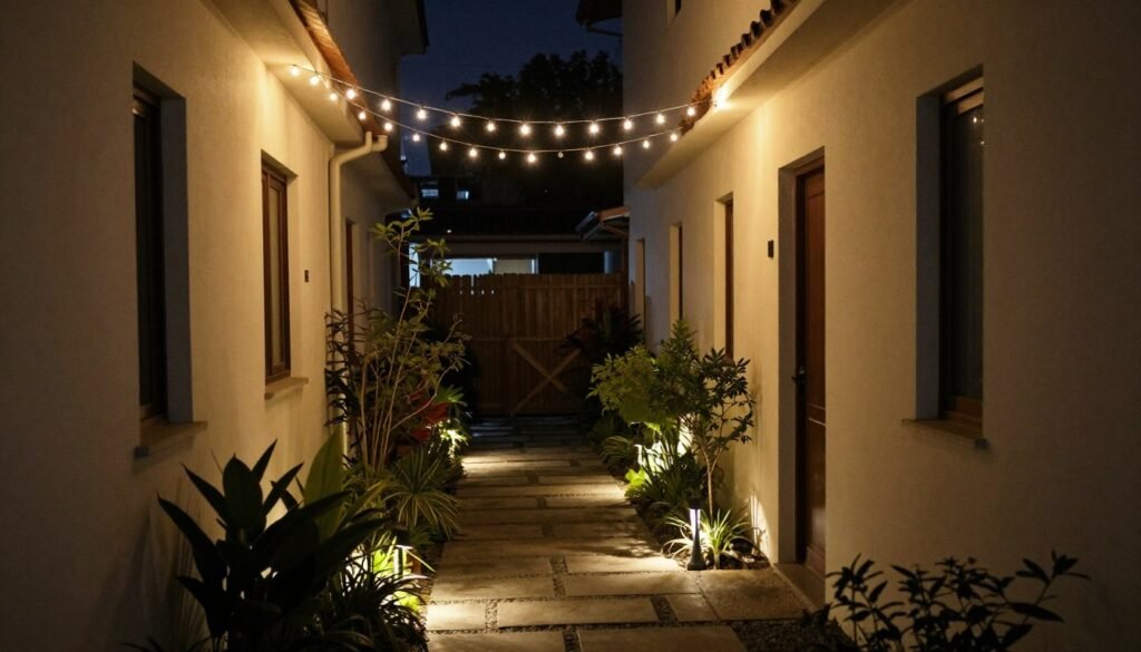 Narrow side yard at night with string lights and pathway lighting Narrow side yard at night with string lights and pathway lighting