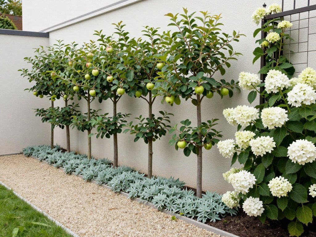 Narrow side yard with vertical gardening elements including espalier fruit trees and climbing vines on trellises Narrow side yard with vertical gardening elements including espalier fruit trees and climbing vines on trellises