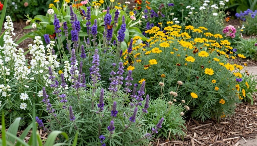 Native plant garden with flowering perennials attracting butterflies and bees