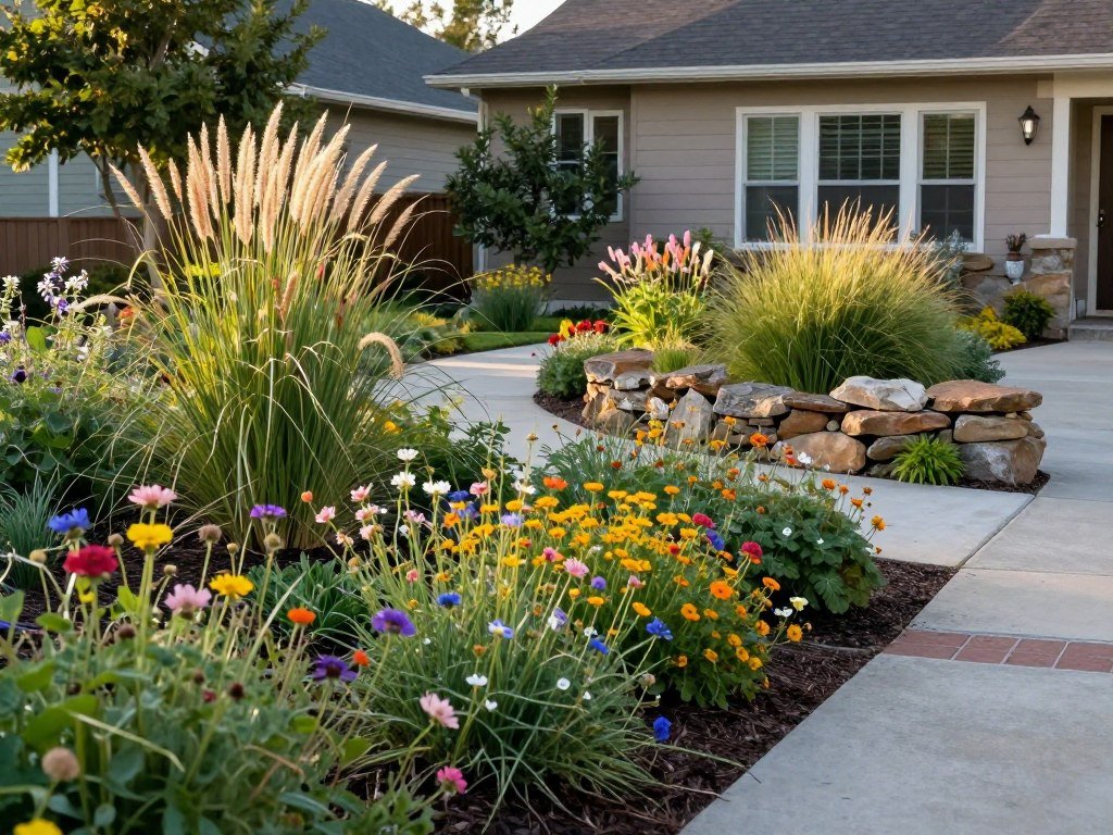 Native plant garden with wildflowers, grasses, and local stone features