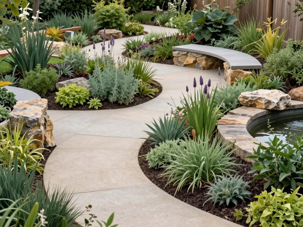 Natural backyard landscape with curved pathways, native plants and organic design elements