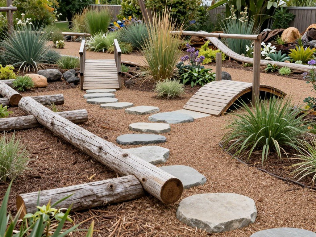 Natural backyard play area for kids with logs, stones, and wooden elements