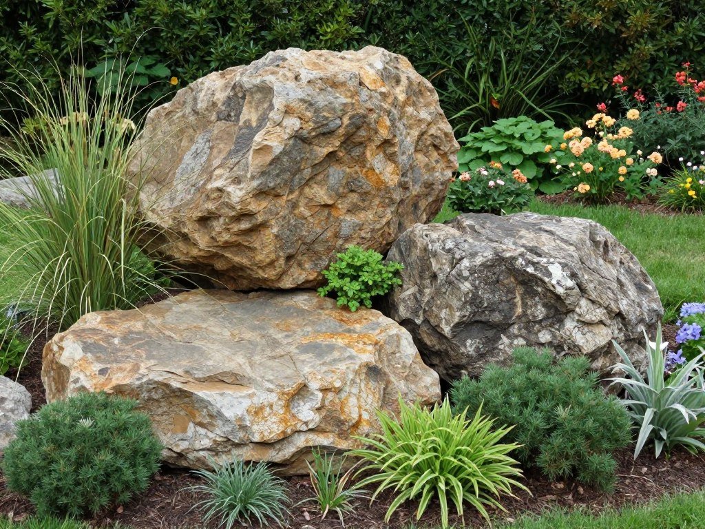 Natural-looking boulder arrangement creating a focal point in a garden bed with complementary plantings Natural-looking boulder arrangement creating a focal point in a garden bed with complementary plantings