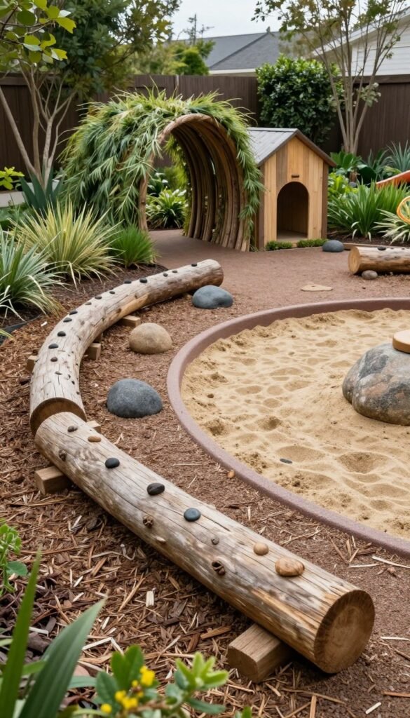 Natural play area in family backyard with logs, boulders, and child-friendly plantings