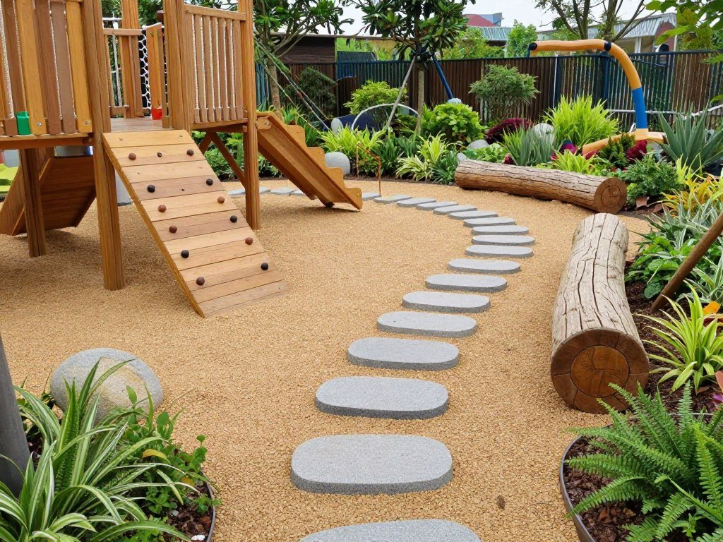 Natural play area with wooden climbing elements integrated into the landscape