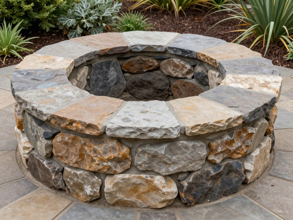 Natural stone fire pit with irregular fieldstones creating a rustic, organic look