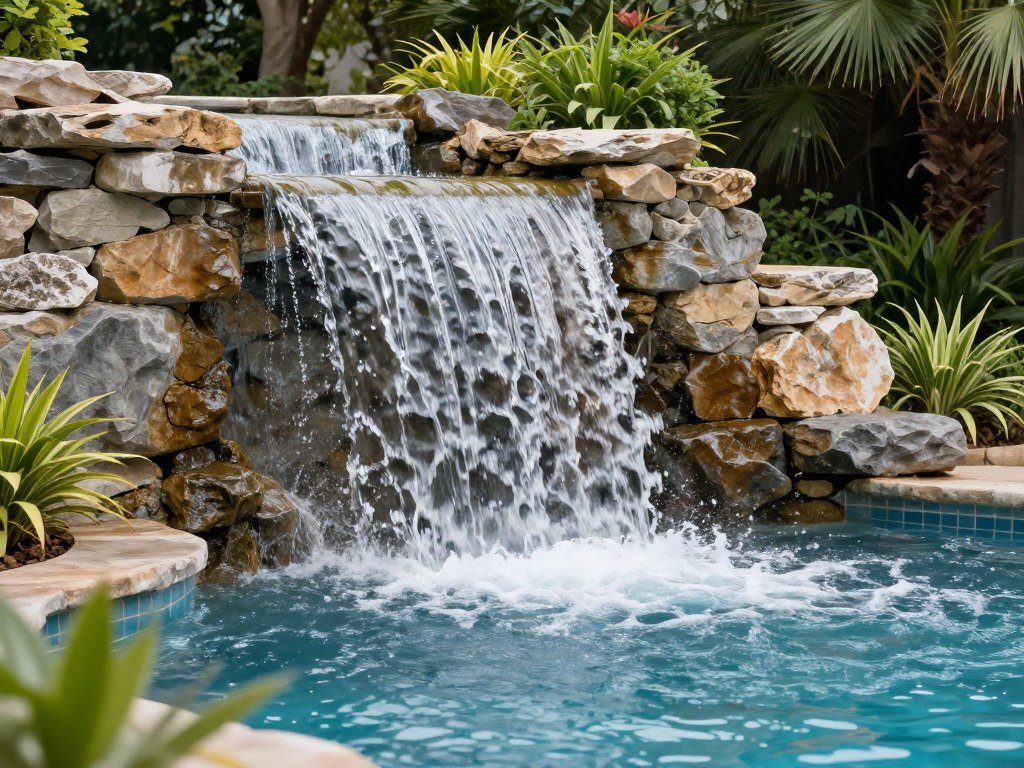 Natural stone waterfall flowing into a swimming pool surrounded by lush landscaping