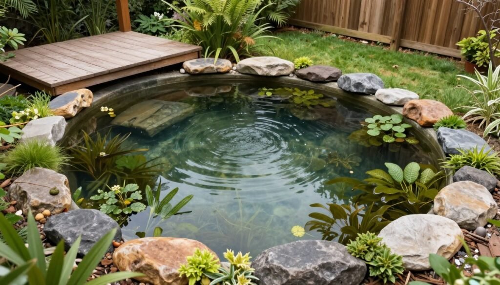 Natural swimming pond with aquatic plants and wooden deck area