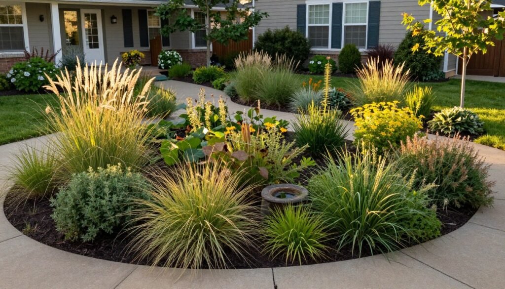 Naturalistic front yard landscaping design layout with native plants