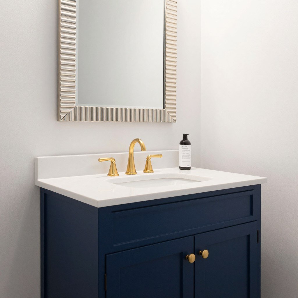 Navy blue painted bathroom vanity with gold hardware in an elegant bathroom