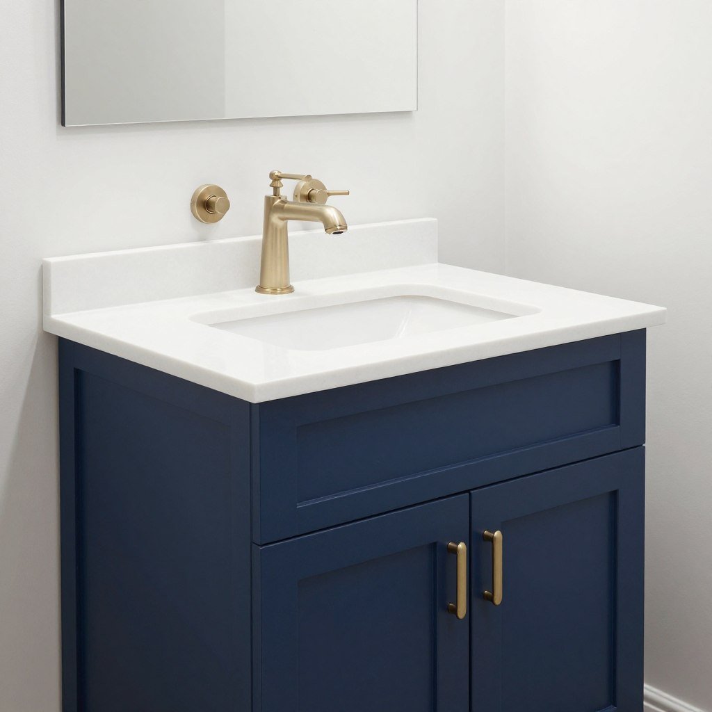 Navy blue painted bathroom vanity with white quartz countertop in a modern bathroom