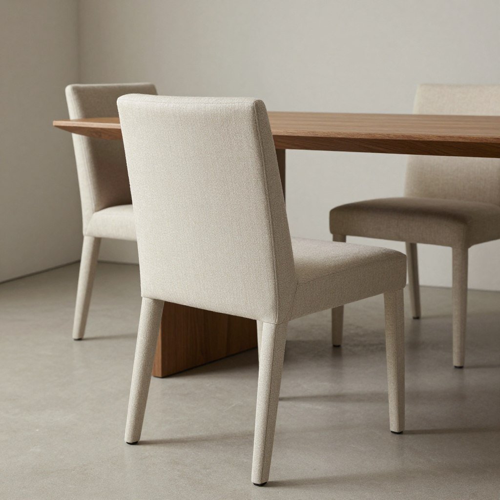 Neutral beige upholstered dining chairs in a minimalist dining room