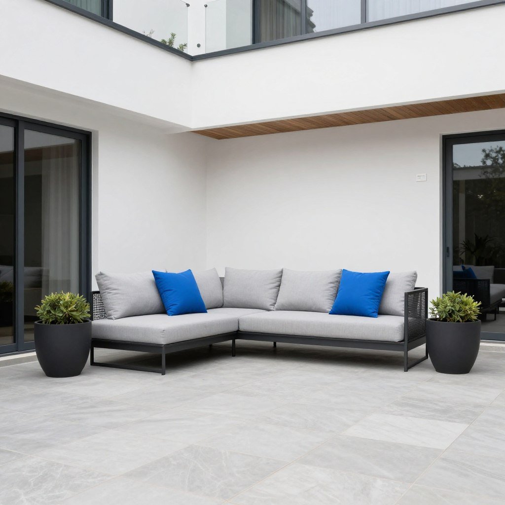 Neutral color palette with strategic pops of color on a modern patio