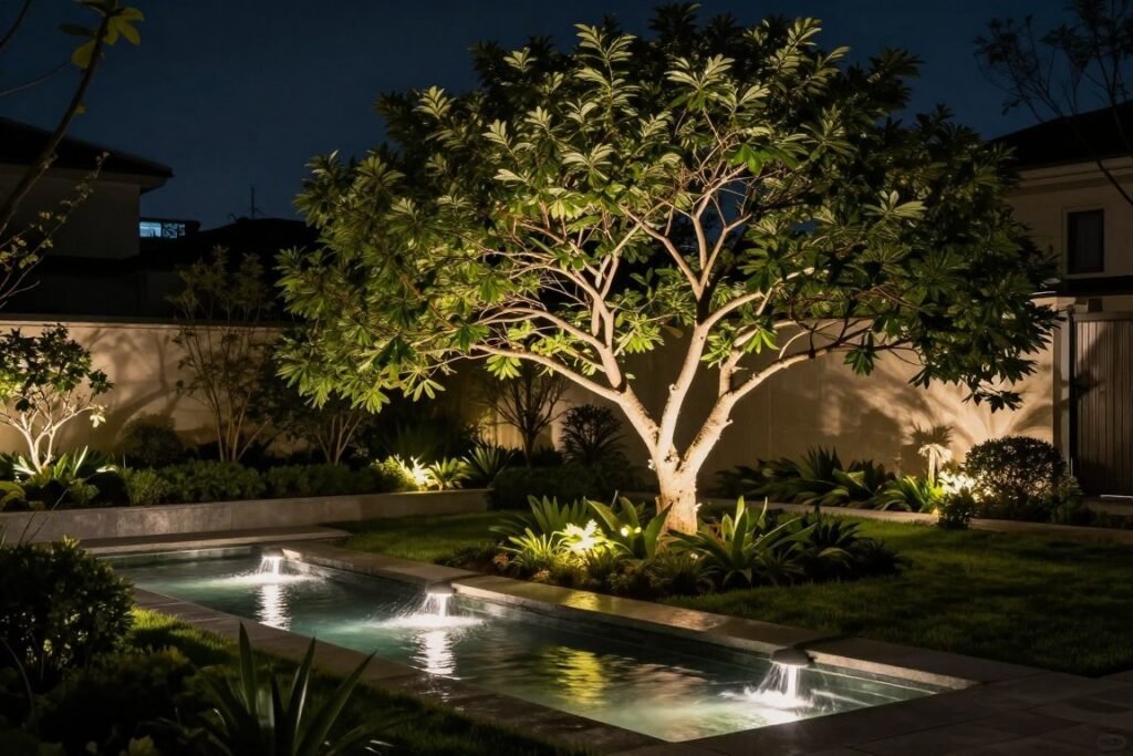 Nighttime garden lighting highlighting a specimen tree and water feature creating dramatic shadows and reflections