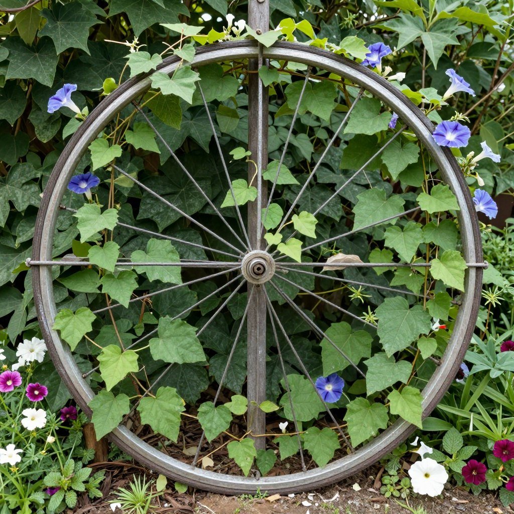 Old bicycle wheel repurposed as a circular garden trellis with climbing plants