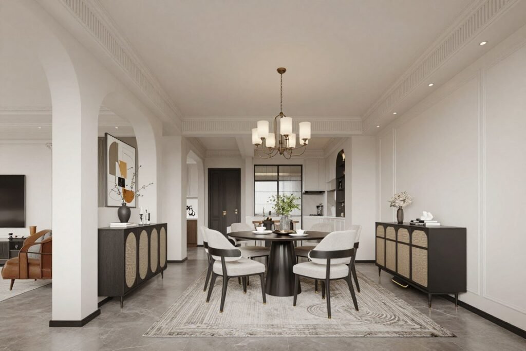 Open concept formal dining area defined by lighting, rug, and architectural elements