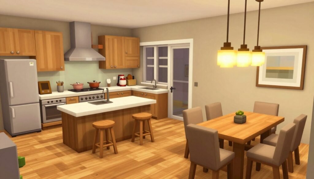 Open concept kitchen and dining area in Bloxburg with seamless transition