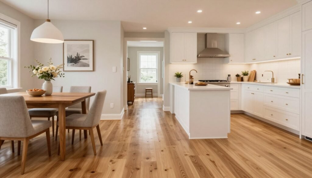 Open-concept kitchen and dining area with continuous hardwood flooring