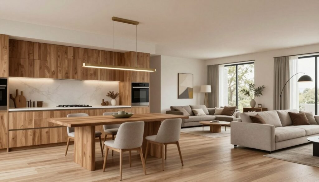 Open concept kitchen dining living room with cohesive color palette and repeated materials