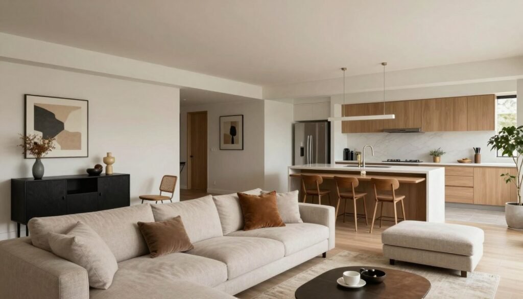 Open concept kitchen dining living room with furniture arrangement creating distinct zones