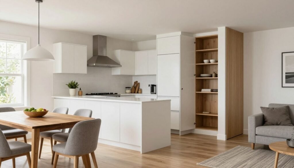 Open concept kitchen with effective ventilation and smart storage solutions