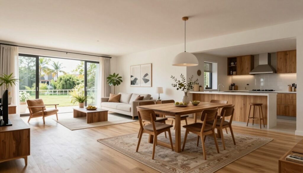 Open-concept organic modern dining area showing spatial flow and arrangement