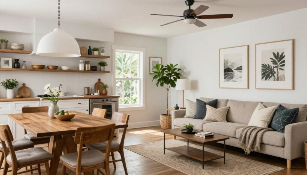 Open concept space with carefully curated textiles, artwork and accessories adding personality