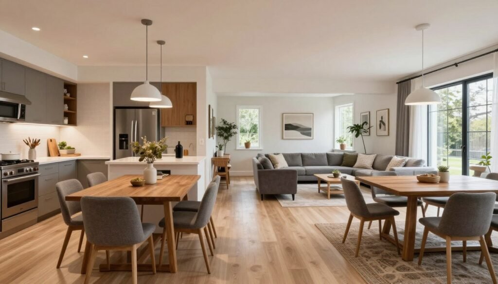 Open concept space with furniture arranged to create flow between kitchen, dining and living areas