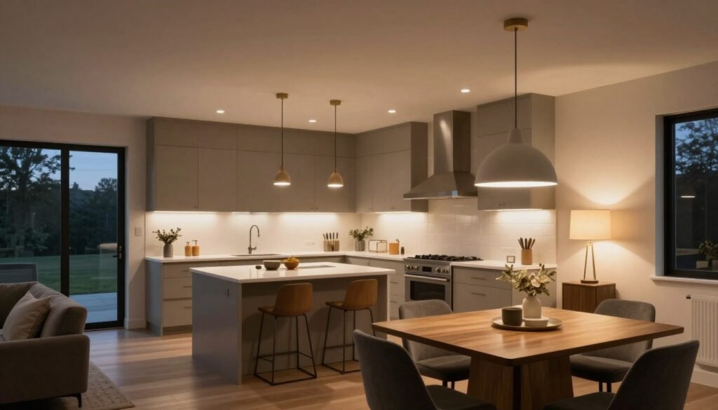 Open concept space with layered lighting including ambient, task, and accent lighting