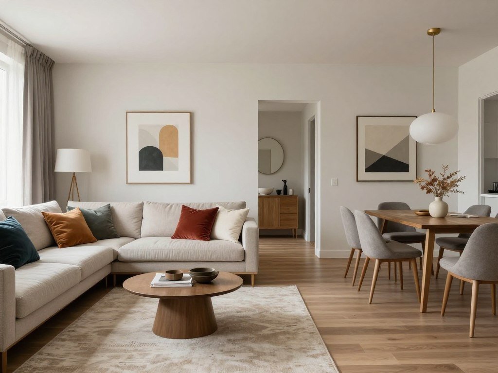 Open layout living room dining room showing how accent colors can define different zones while maintaining cohesion