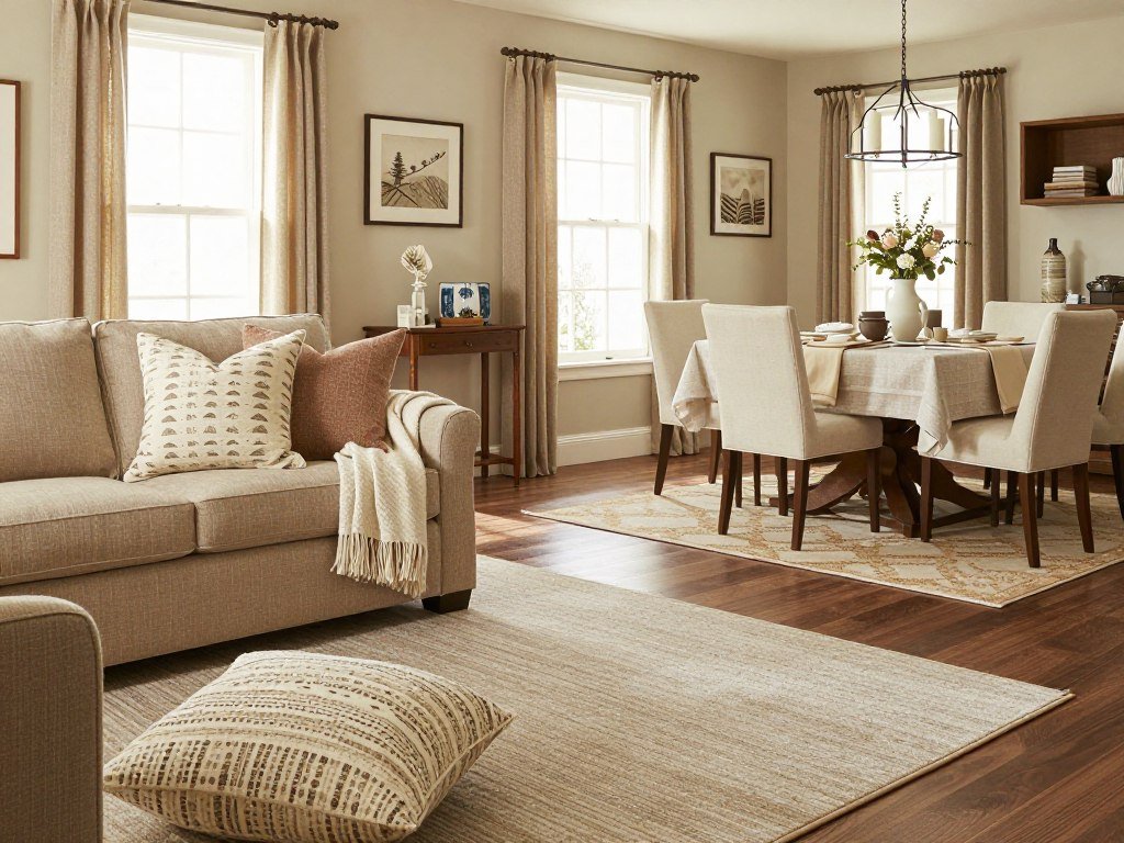 Open layout living room dining room showing how textiles and soft furnishings create comfort and visual interest