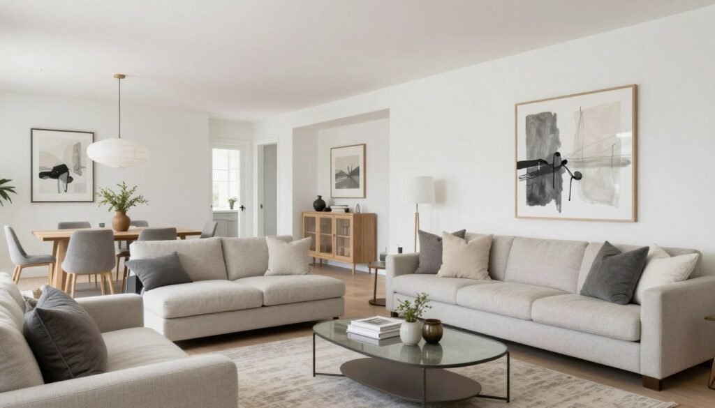 Open layout living room dining room with a cohesive color palette that flows between spaces