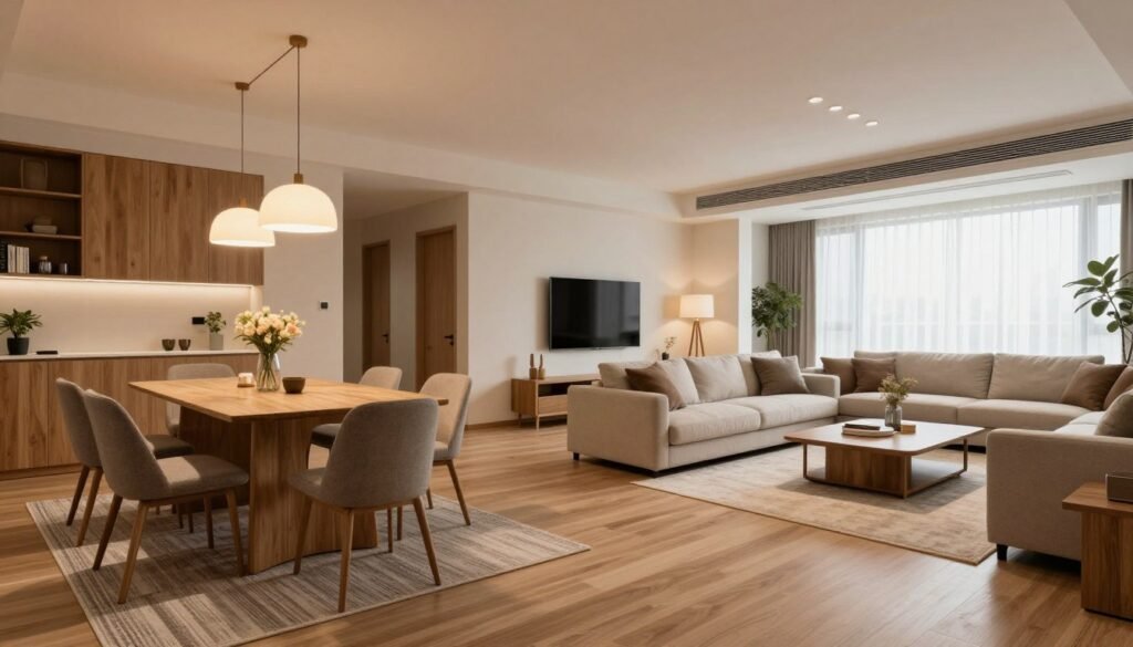 Open layout living room dining room with area rugs and furniture placement defining separate zones