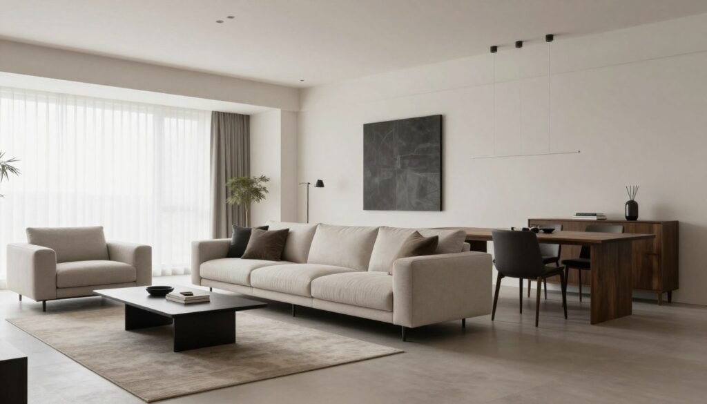 Open layout living room dining room with carefully selected furniture that defines zones while maintaining flow