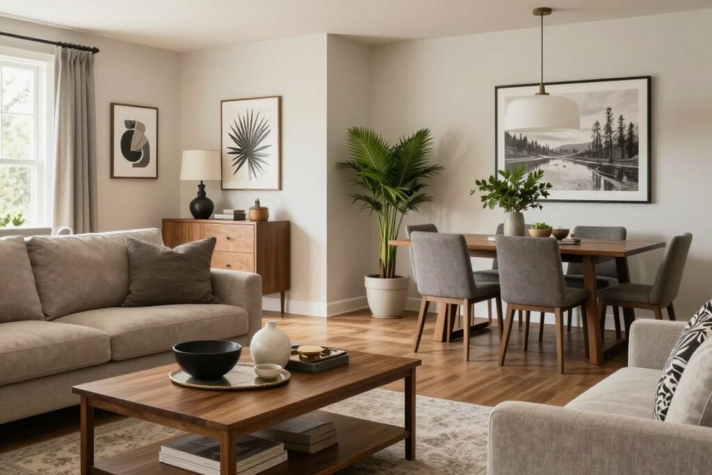 Open layout living room dining room with carefully styled accessories, art, and plants creating a cohesive look
