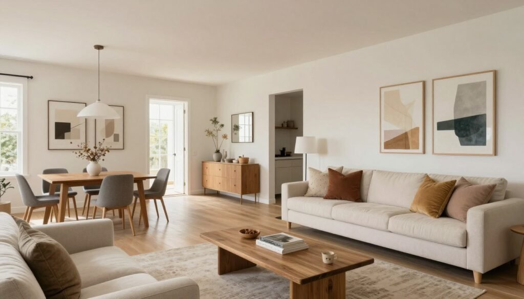 Open layout living room dining room with cohesive color palette flowing between spaces