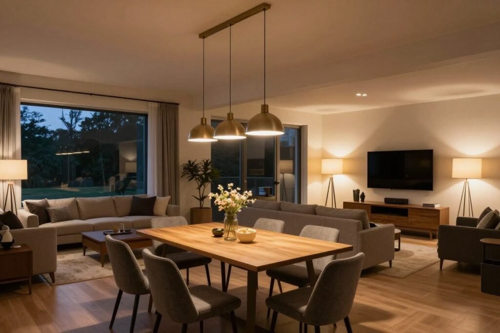 Open layout living room dining room with layered lighting including pendant lights, floor lamps, and ambient lighting