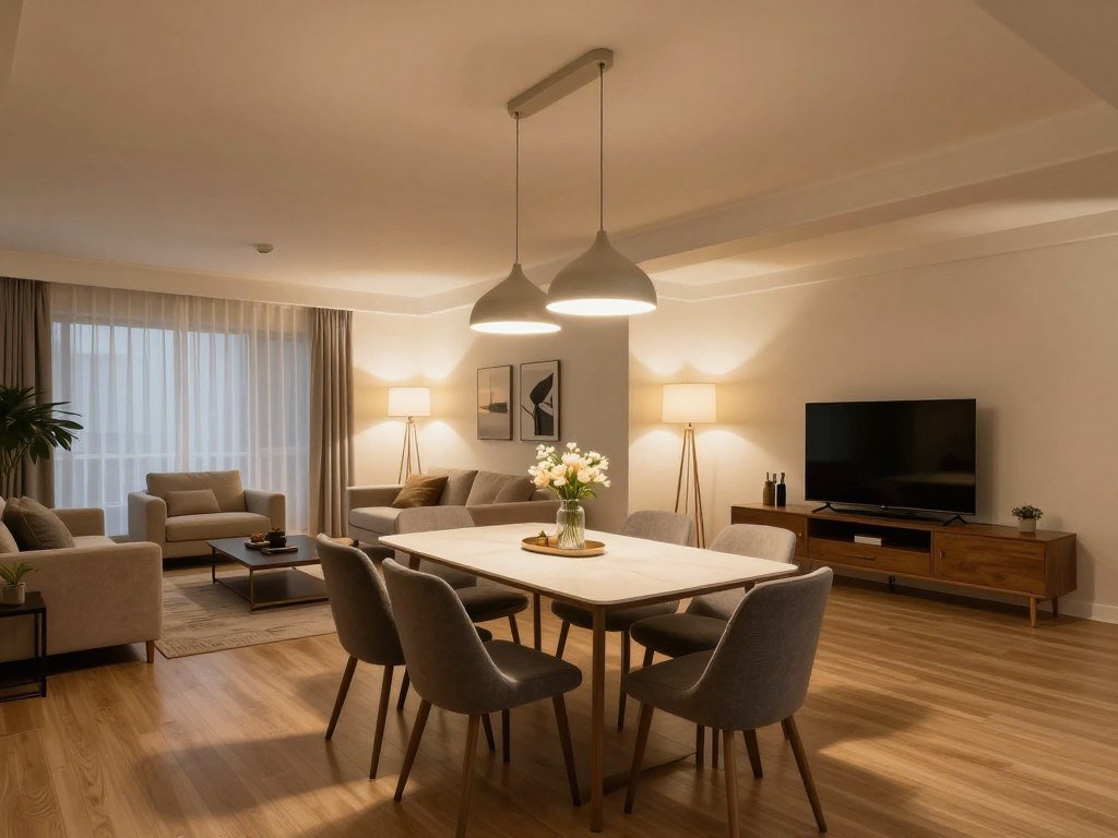 Open layout living room dining room with strategic lighting defining separate zones