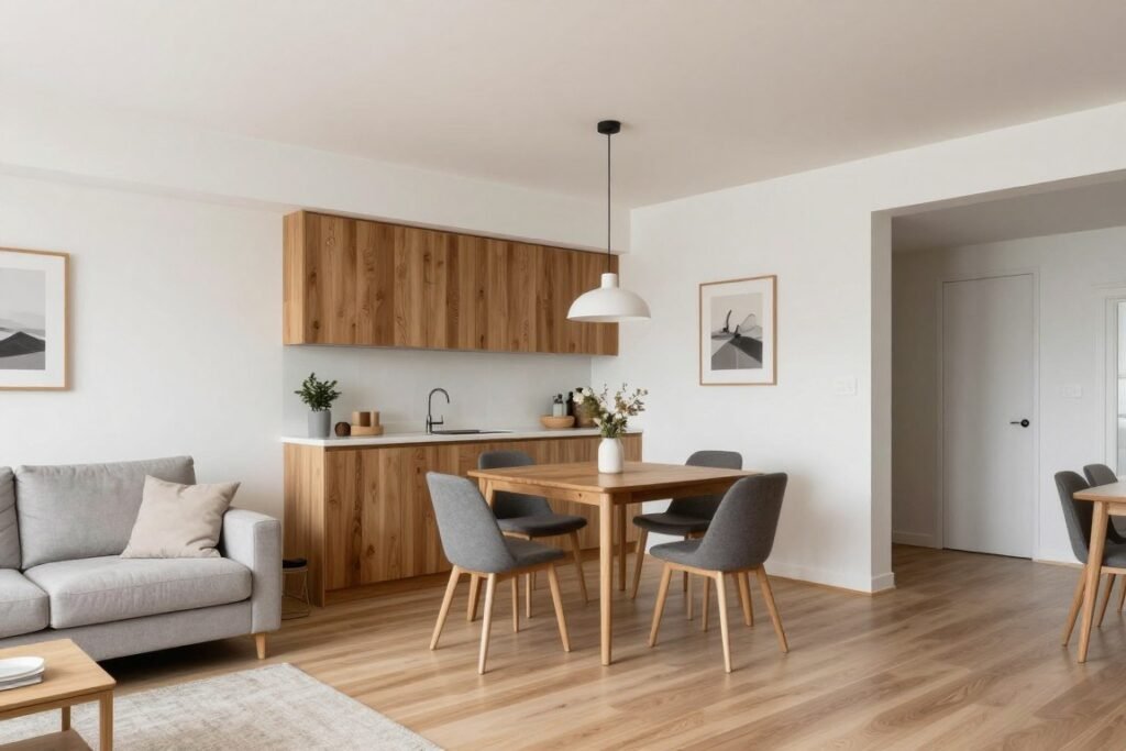 Open plan living room corner dining nook that defines spaces