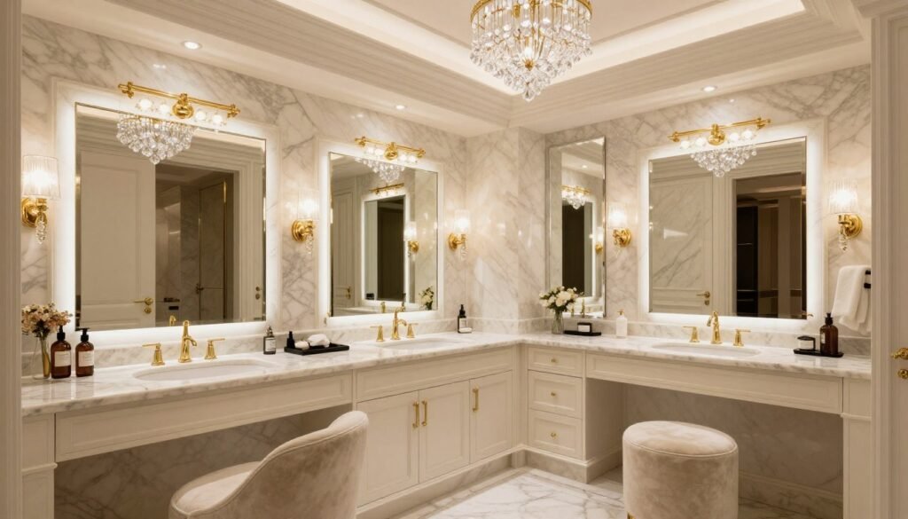 Opulent luxury vanity with high-end materials, custom details, and spa-like amenities