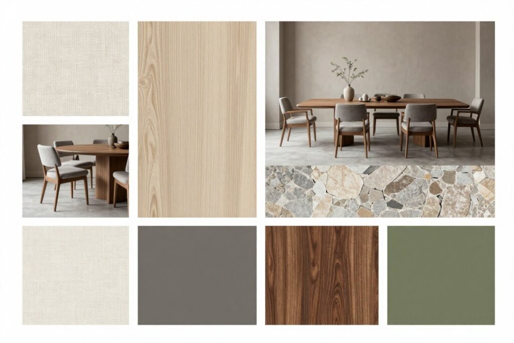 Organic modern dining room color palette showcasing warm neutrals and earthy tones