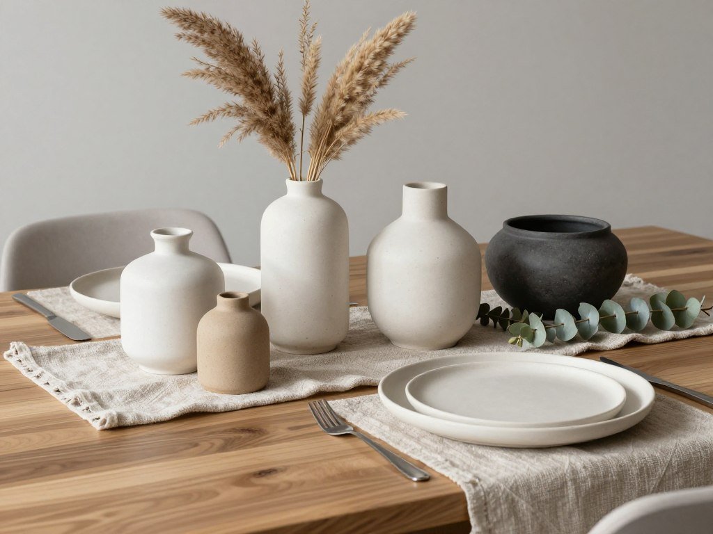 Organic modern dining room table styling with ceramic vases and natural elements