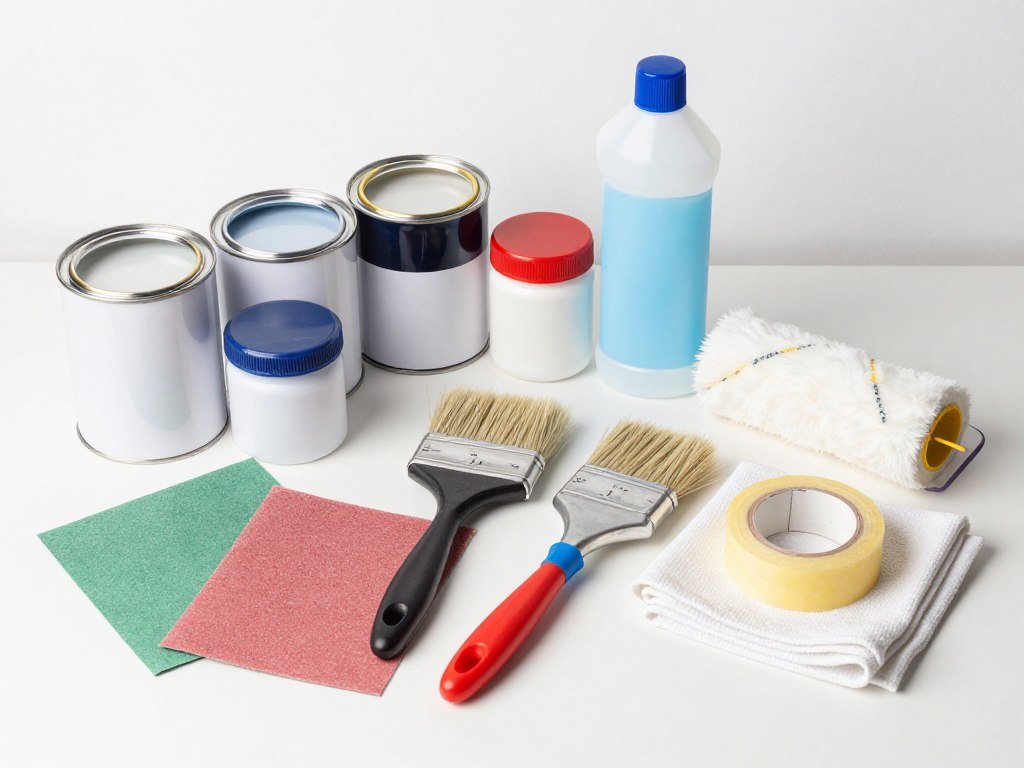 Organized collection of painting supplies for a bathroom vanity project
