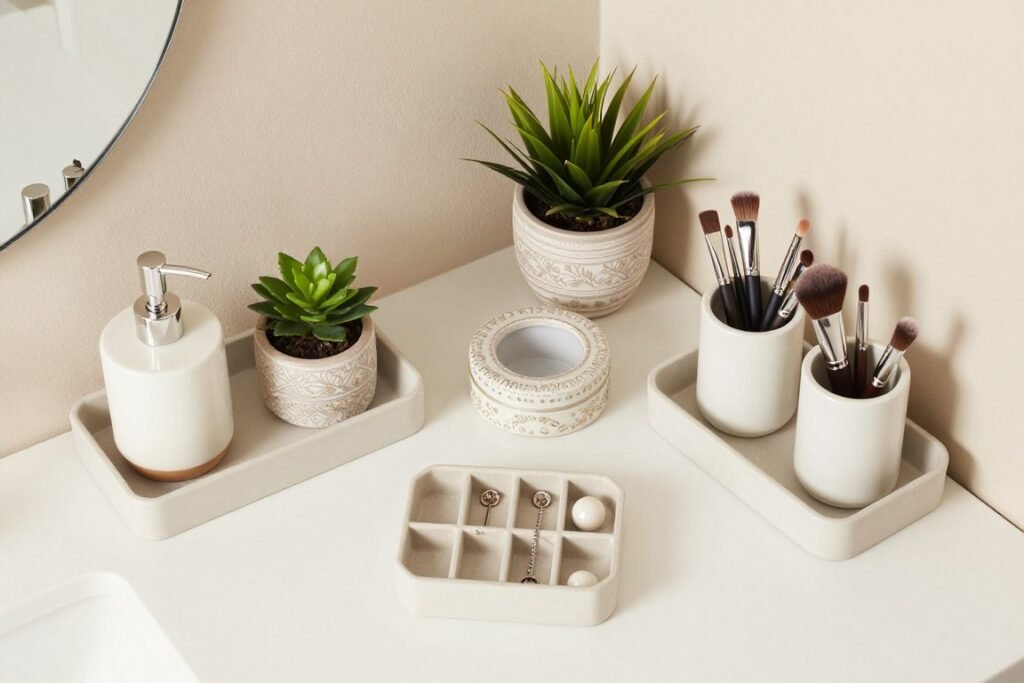 Organized corner vanity accessories including trays, containers, and decorative elements