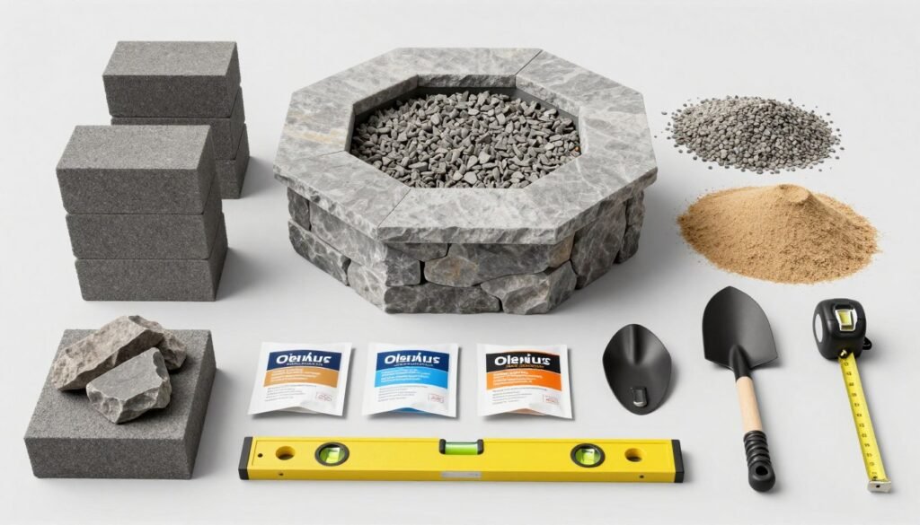 Organized display of all materials needed for building a DIY fire pit, including stones, gravel, sand, and tools