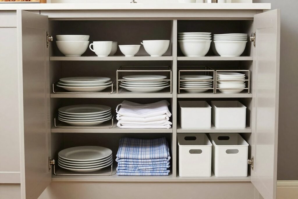 Organized interior of built-in hutch dining room with storage solutions