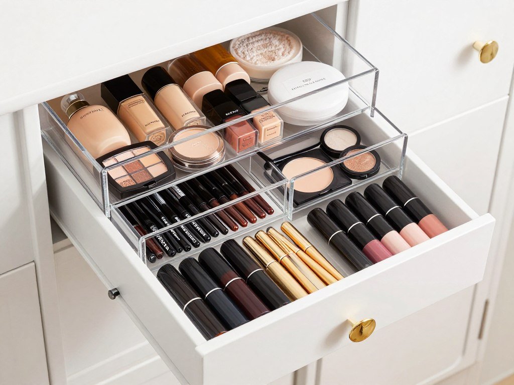 Organized vanity drawers with clear dividers separating makeup by category - face products, eye makeup, and lip products